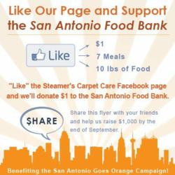 San Antonio carpet cleaning experts at Steamer's Carpet Care ask people to like their page to donate money to the San Antonio Food Bank.